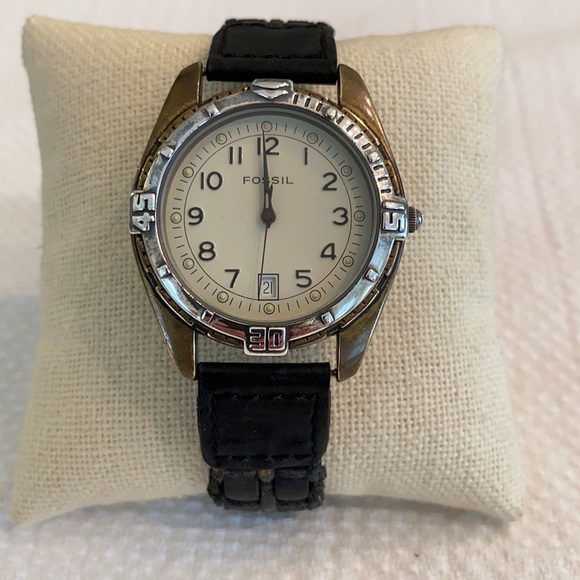 Fossil Black Silver Vintage Water Resistant Watch Original Woven Leather Strap - Picture 1 of 4
